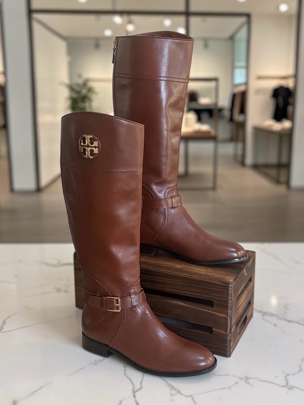 Tory Burch Chestnut Brown Leather Tall Riding Boots with Gold Logo Size 9.5